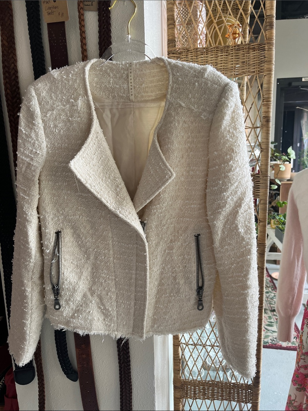 Truth and Pride Off-White Bouclé Zip-Front moto jacket